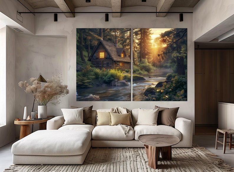 Cabin in Forest Canvas Wall Art, Rustic River Landscape Print - Etsy
