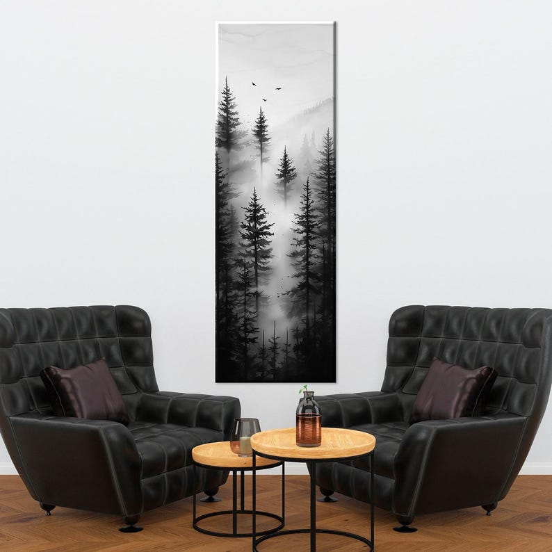 Foggy Forest Canvas Print: Black and White Landscape, Vertical Nature Decor