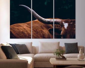 Longhorn Cow Canvas Print, Rustic Farmhouse Wall Art