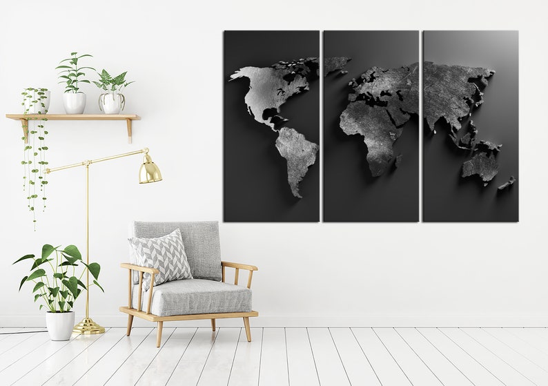 Black World map wall art canvas Large World map print Living room wall art World map Modern office wall art Man Cave decor Set of 3 Panels