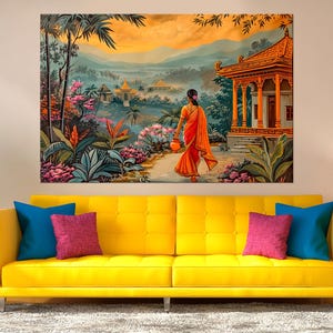 Indian Woman large canvas wall art prints Ethnic art India canvas Landscape print Nature canvas Indian home decor Living room wall art