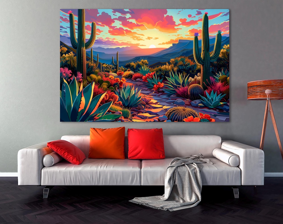 Colorful Desert Wall Art Saguaro Cactus Print Sunset in Desert ...