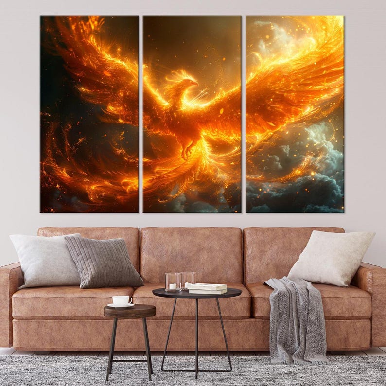 Rising Phoenix large canvas wall art prints Fire phoenix painting print Mythical bird art Fantasy decor Bedroom wall art