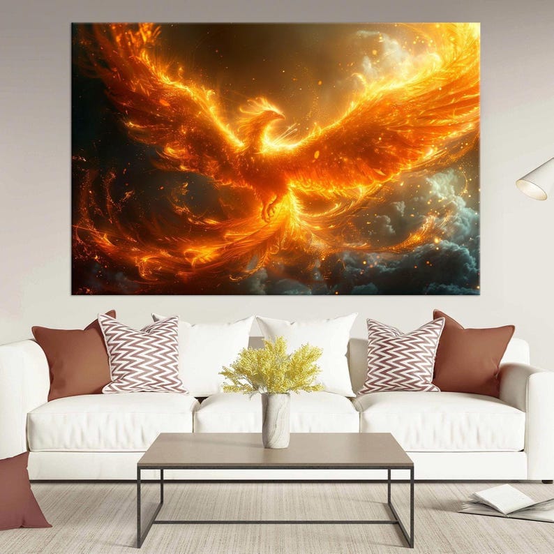 Rising Phoenix large canvas wall art prints Fire phoenix painting print Mythical bird art Fantasy decor Bedroom wall art