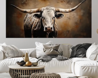 Texas Longhorn Canvas Wall Art: Rustic Farmhouse Bull Print, Ready to Hang