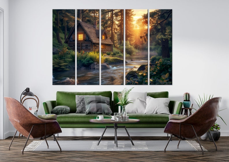 Cabin in Forest Canvas Wall Art, Rustic River Landscape Print - Etsy