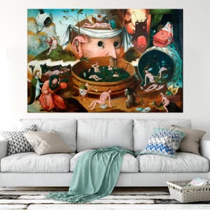 May include: A large, framed print of a surrealist painting. The artwork features a giant head with a bandage, a wooden tub with figures in water, and various fantastical elements. The color palette includes blues, greens, and flesh tones, creating a dreamlike atmosphere.