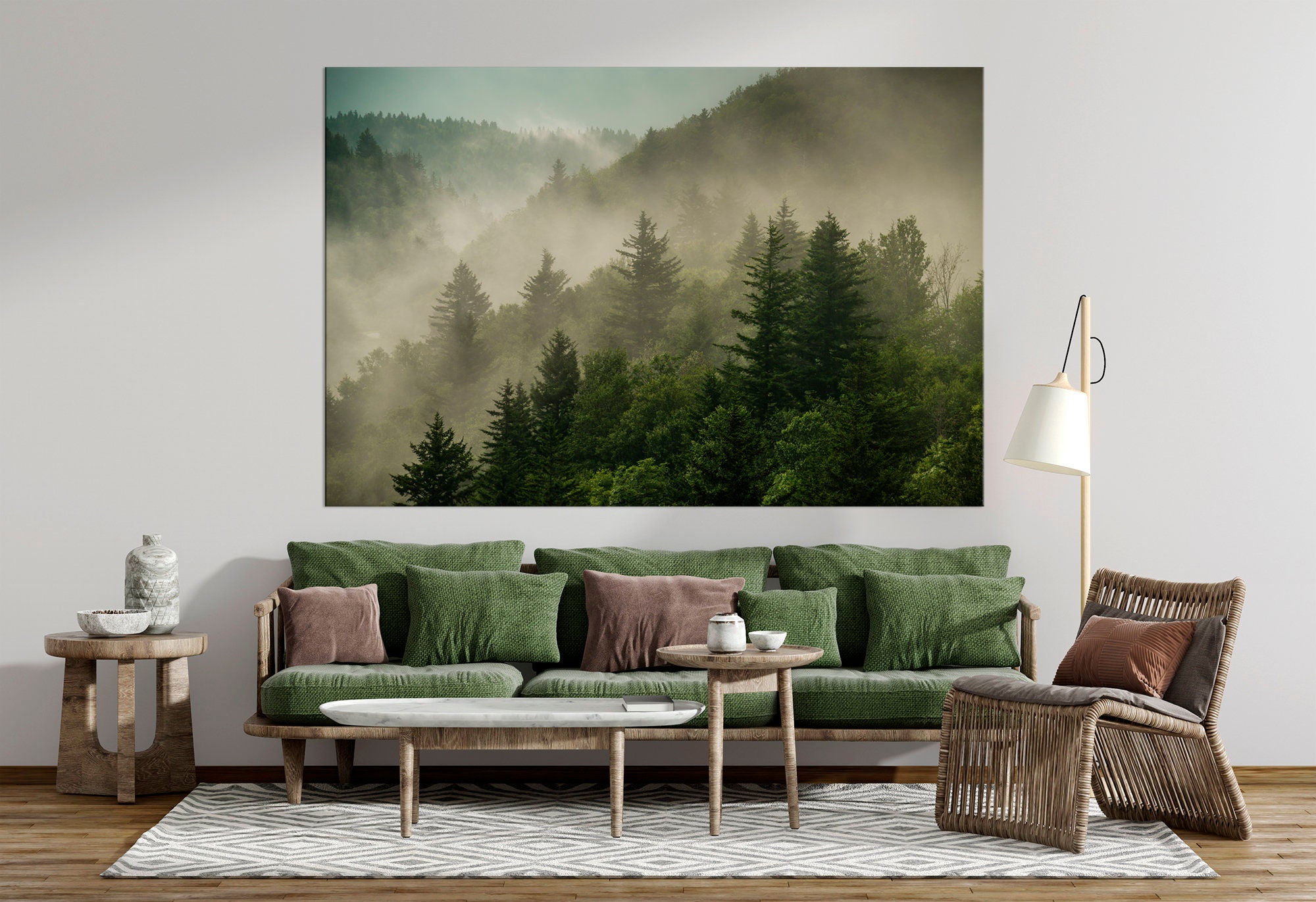 Foggy Forest canvas print Mountain wall art Morning fog art Pine Trees forest Landscape Large canvas art