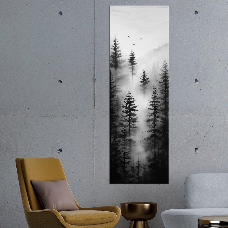 Foggy Forest Canvas Print: Black and White Landscape, Vertical Nature Decor