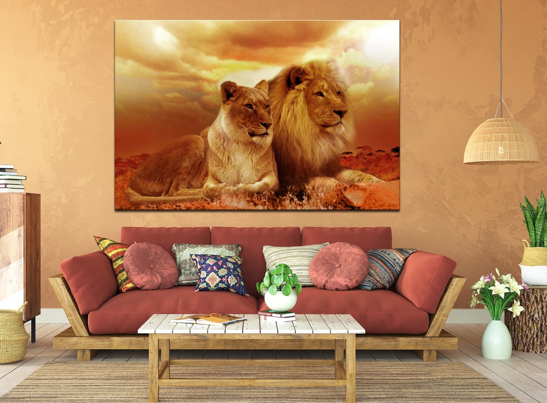 African Lion and Lioness Canvas Wall Art Lion Family Large Wall Art Lion Art Print Living Room