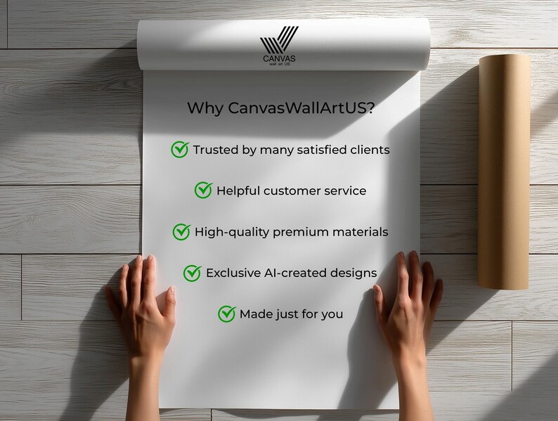 May include: A white scroll with the text "Why CanvasWallArtUS?" and a logo. The text includes bullet points about customer service, materials, and designs. A rolled-up canvas is on the right. Hands are holding the scroll.