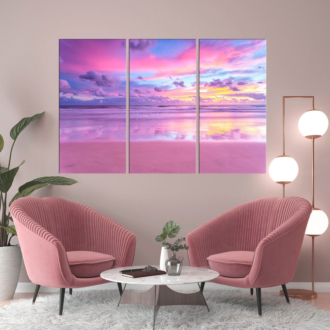 Ocean Sunset Wall Art Pink Sky Coastal Wall Art Sunrise Pink Beach