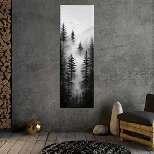 Foggy Forest Canvas Print: Black and White Landscape, Vertical Nature Decor