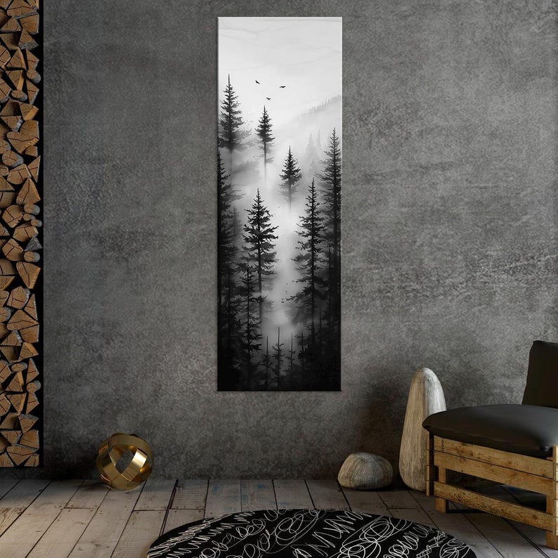 Foggy Forest Canvas Print: Black and White Landscape, Vertical Nature Decor