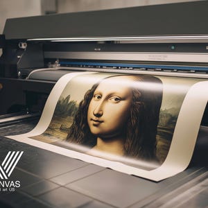 May include: A large format printer producing a canvas print of the Mona Lisa. The artwork is in the process of being printed, with the famous portrait visible on the canvas. The printer is black and gray, with the logo "Canvas Wall Art US" in the lower left.