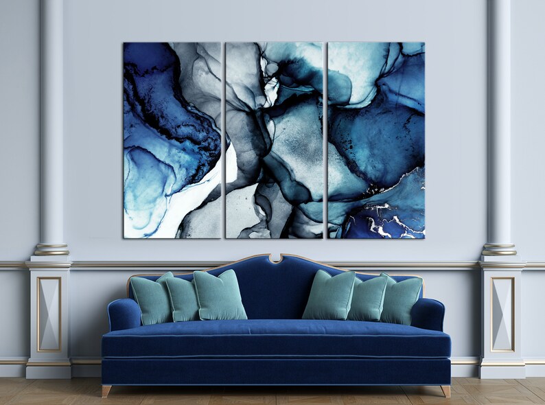 Navy Blue Wall Decor Large Marble Wall Art Canvas Print Navy Etsy