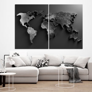 Black World map wall art canvas Large World map print Living room wall art World map Modern office wall art Man Cave decor Set of 2 Panels