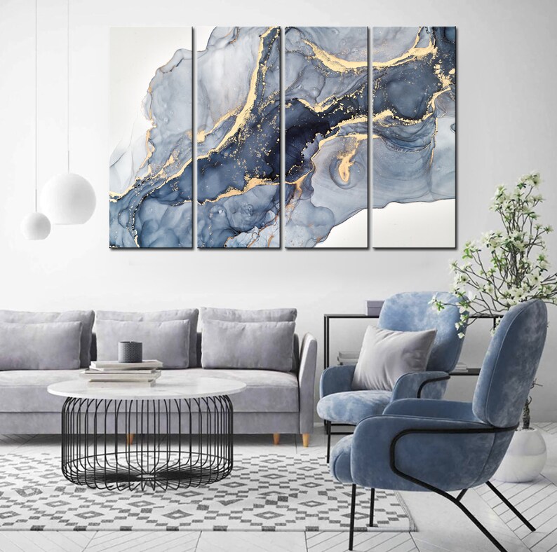 Abstract Print Blue Gold Marble Wall Art Abstract Canvas Art Etsy