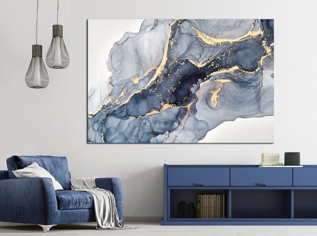 Abstract Print Blue Gold Marble Wall Art Abstract Canvas Art Marble
