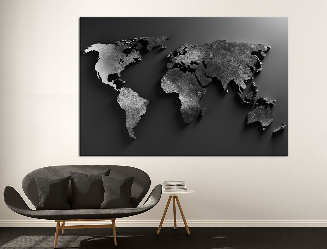 Black World Map Wall Art Canvas Large World Map Print Living Etsy