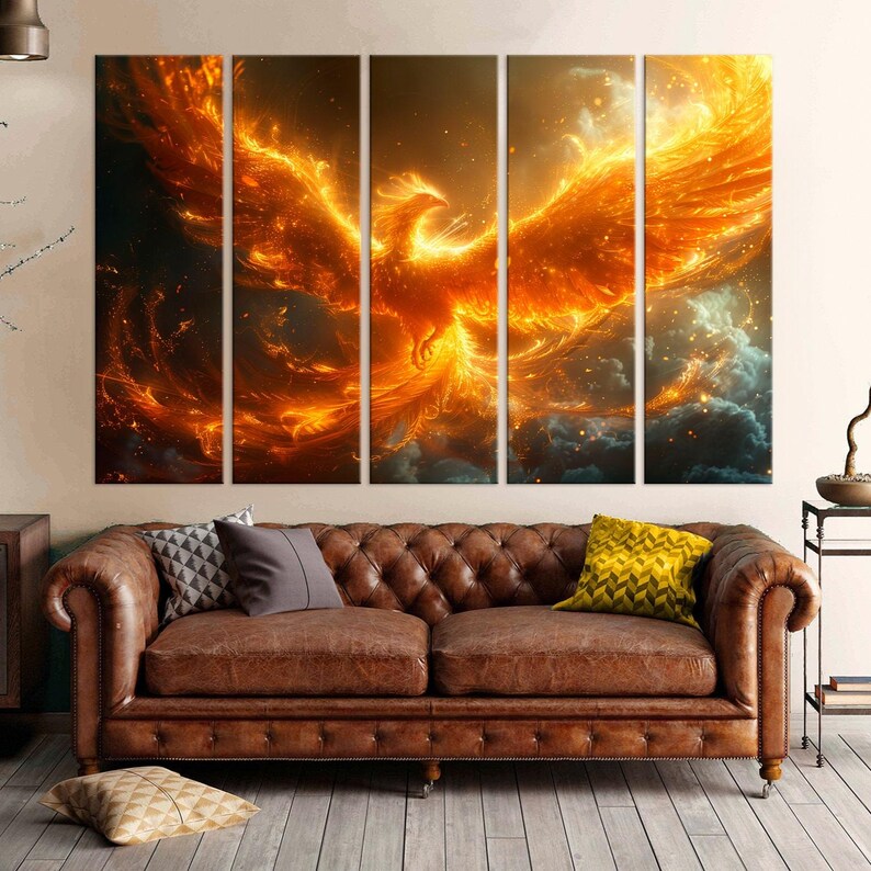 Rising Phoenix large canvas wall art prints Fire phoenix painting print Mythical bird art Fantasy decor Bedroom wall art