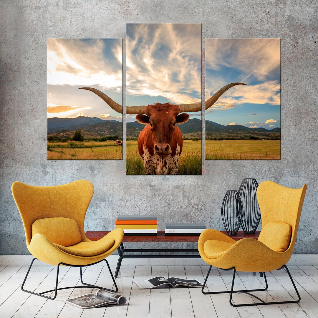 Longhorn Cow Wall Art Canvas Texas Longhorn Cow Print Western Etsy