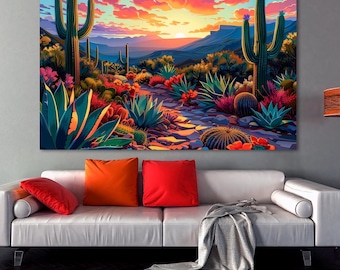 Saguaro Cactus Canvas Art: Colorful Desert Sunset Landscape