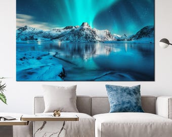 Lienzo con estampado de auroras boreales: Montañas de Alaska, arte mural de naturaleza.