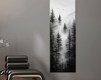 Foggy Forest Canvas Print: Black and White Landscape, Vertical Nature Decor