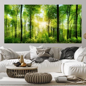 Green Forest large canvas wall art prints Sunshine Trees landscape print Summer Forest wall art Bedroom nature decor