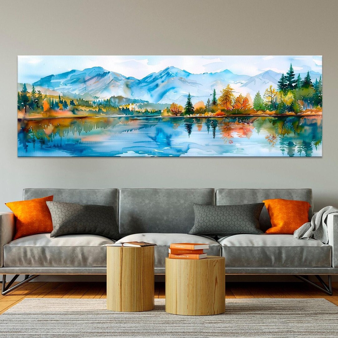 Mountain Lake Canvas Art: Watercolor Landscape Print, Living Room Decor ...