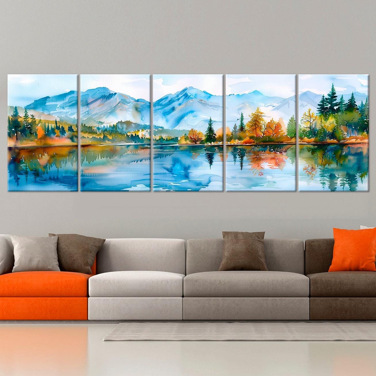 Mountain Lake Canvas Art: Watercolor Landscape Print, Living Room Decor ...