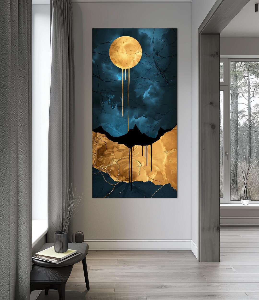 Abstract Full Moon Large Canvas Wall Art Prints Navy Blue Gold Moon ...