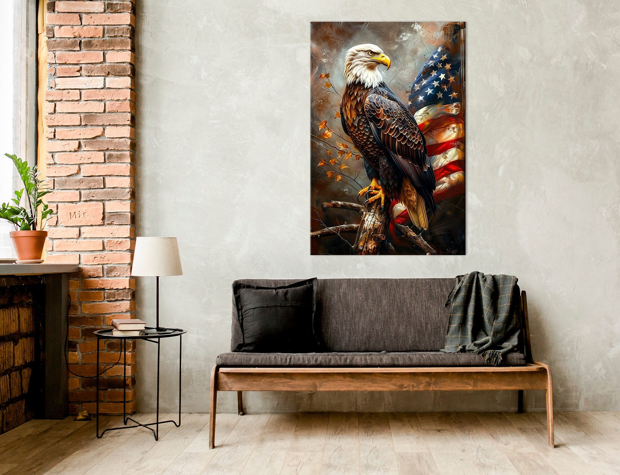 Bald Eagle with American Flag canvas print Patriotic Eagle office wall art American Eagle Large canvas art