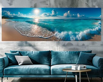 Ocean Landscape Canvas Wall Art: Blue Beach Print, Above Bed Decor