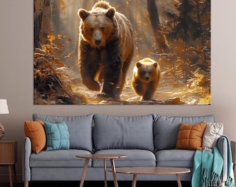 Cuadro en lienzo de una familia de osos, oso pardo y su cachorro, arte mural del bosque.