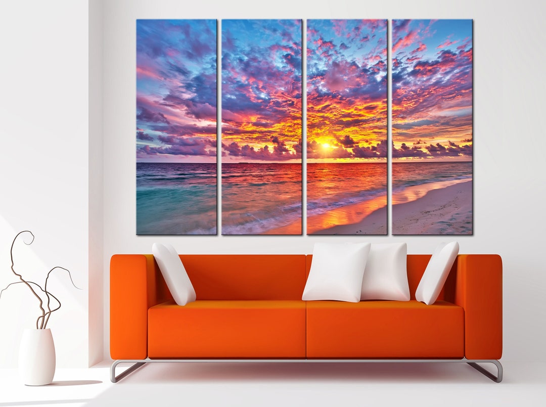 Sunset Tropical Beach Wall Art Canvas Ocean Beach Print Red Sunset Over ...