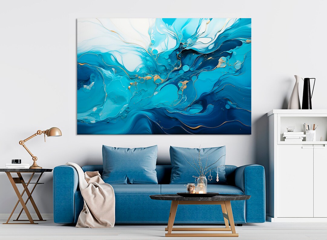 Blue Abstract Canvas Print Marble Wall Art Blue Gold Modern Wall Decor ...