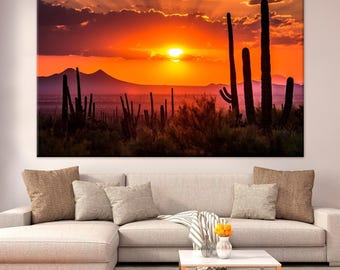Saguaro Cactus Sunset Canvas Print, Arizona Desert Wall Art