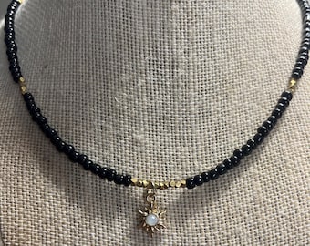 Black Choker, Thin Choker, Dainty Choker, Boho Choker, Small Beaded Choker, Bead Necklace, Choker Necklace, Gifts, Unisex, Choker with Charm
