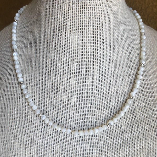 White Mother of Pearl Necklace choker, Small Beaded Necklace, Thin Choker Necklace, Gemstone Necklace, Unisex, Gift, Boho, Layering Necklace