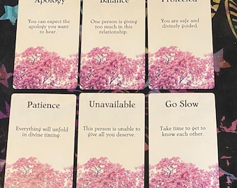 May include: Six rectangular oracle cards arranged in two rows. Each card features a cream background, black text, and a bottom border of pink cherry blossom trees. The cards display the words Apology, Balance, Protected, Patience, Unavailable, and Go Slow, along with short phrases of guidance printed below each title.