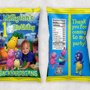 May include: A custom chip bag featuring the Backyardigans characters, a child, and text that reads "Millyion's 1st Birthday." The bag has a blue background with yellow accents and the text "Thank you for coming to my party!"