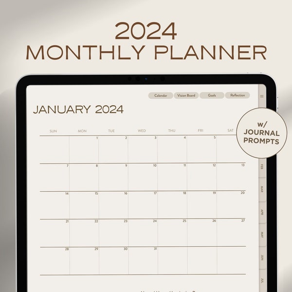 2024 Digitaler Monatsplaner | Datierte Monatskalender Vorlage für iPad Goodnotes und Notability | Minimalistischer Monatsplaner | Minimalistisch