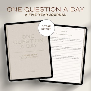 May include: A brown and white journal with the title "One Question a Day: A Five-Year Daily Journal" on the cover. The journal is open to a page with the date April 11 and the question "Who is someone that always makes you smile?"