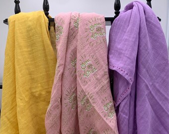 Hand Stitched Muslin swaddle blanket, cotton gauze baby swaddle, receiving blanket, embroidered blanket, baby wrap, double cotton gauze