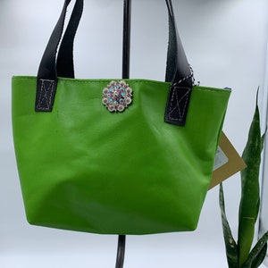 Green leather purse, lime green leather minimalist purse, small tote bag, open top bag, leather bag image 1