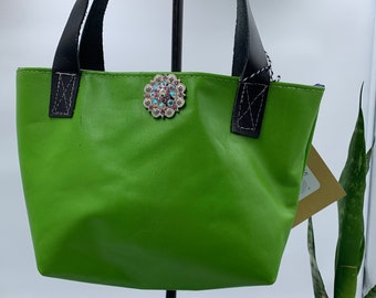 Green leather purse, lime green leather minimalist purse, small tote bag, open top bag, leather bag