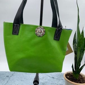 Green leather purse, lime green leather minimalist purse, small tote bag, open top bag, leather bag image 2