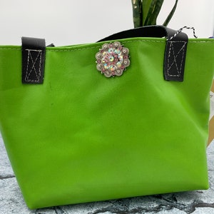 Green leather purse, lime green leather minimalist purse, small tote bag, open top bag, leather bag image 6